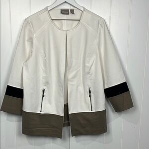 Chico”s Womens Open Front Jacket 2 (L) Cream Tan Black Color Block Ponte Elegant